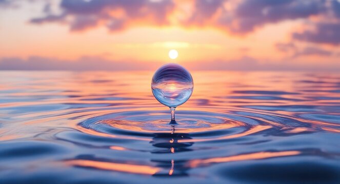 single glass-like water droplet rising above a calm ocean surface with concentric ripples reflecting a pastel sunset sky and soft clouds, serene and meditative mood