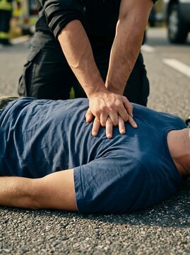 First responder performing CPR on an unconscious man in the middle of a road after an accident.
