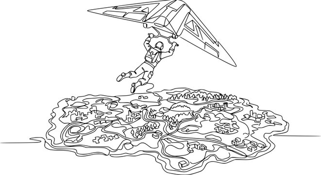 Hang glider pilot soaring over stylized island map illustration