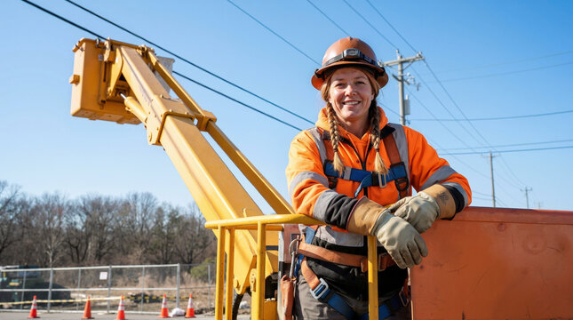 Smiling female utility worker in an orange bucket truck. Woman lineman with braided hair wearing hard hat and safety harness at a construction site