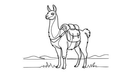 Continuous line drawing of a llama with a backpack on its back, standing in a minimalist landscape. © Iwak