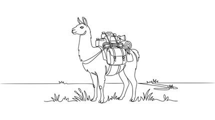 Hand-drawn llama with camping gear on its back, standing in a field. © Iwak