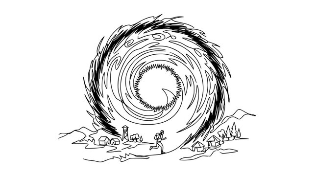 Person running from swirling vortex portal in rural landscape line art