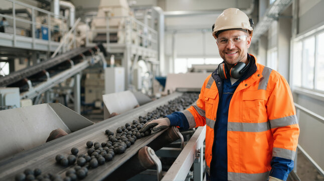 Male industrial worker in a hard hat standing by an iron ore pellets conveyor belt. Smiling man working in a heavy manufacturing factory