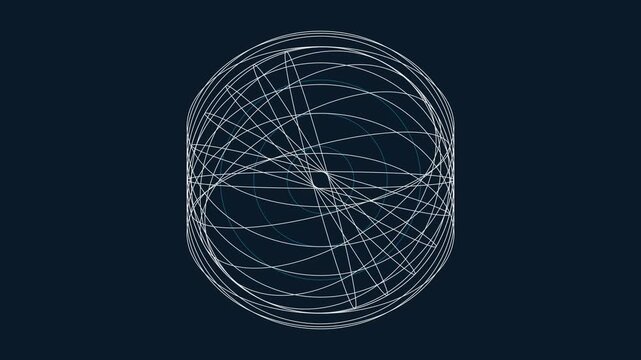 Abstract rotating geometric sphere animation with intersecting 4k white lines on dark background rotation