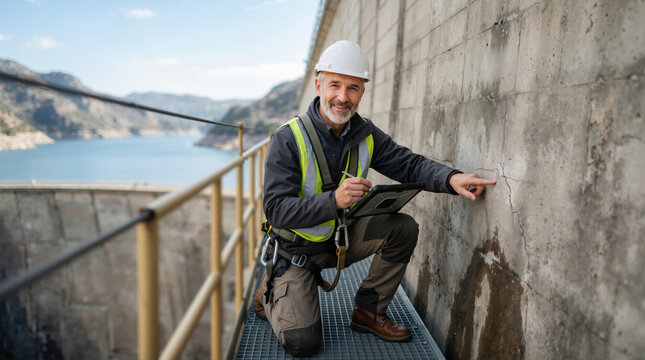 Male inspector kneeling to check concrete dam wall crack. Engineer with safety harness and tablet