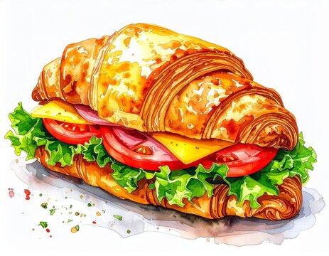 ハムとレタス、トマト、チーズをはさんだクロワッサンサンドの水彩イラスト