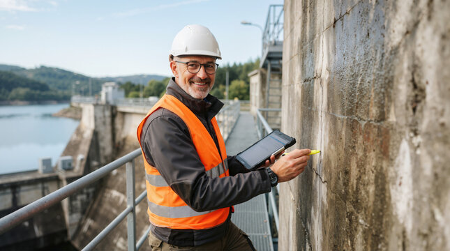 Male engineer inspecting concrete dam wall crack. Inspector with tablet and safety vest at reservoir