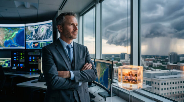 Male Meteorologist Contemplating Storms While Holding Family Photo