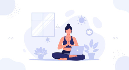 Obraz premium Woman meditating with laptop at home, online yoga and mindfulness concept, vector illustration