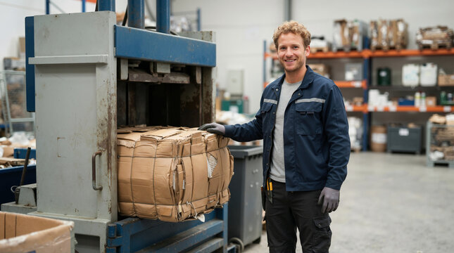 Male worker standing by cardboard baling machine in warehouse. Smiling man with compressed recycled paper bale in industrial facility