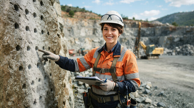Female quarry worker pointing to drilled blasting holes on rock wall. Smiling woman miner with clipboard at open-pit mining site