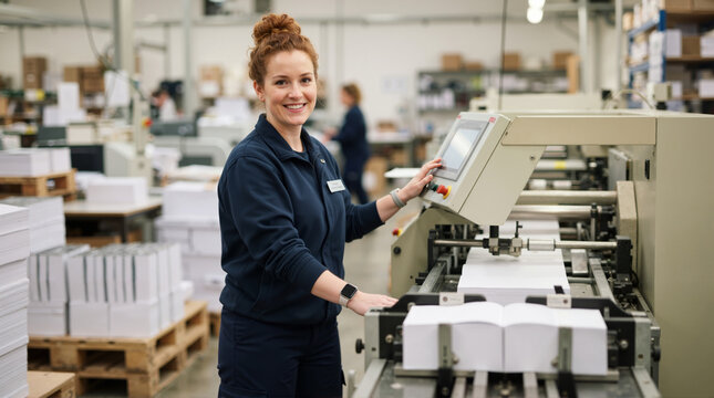 Female worker operating a perfect binding machine in a print shop. Smiling woman in uniform at a bookbinding factory. Industrial printing and publishing concept