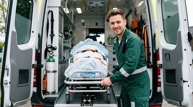 Male paramedic loading a patient on a stretcher into an ambulance. Smiling emergency medical technician in green uniform standing at the open doors of a rescue vehicle
