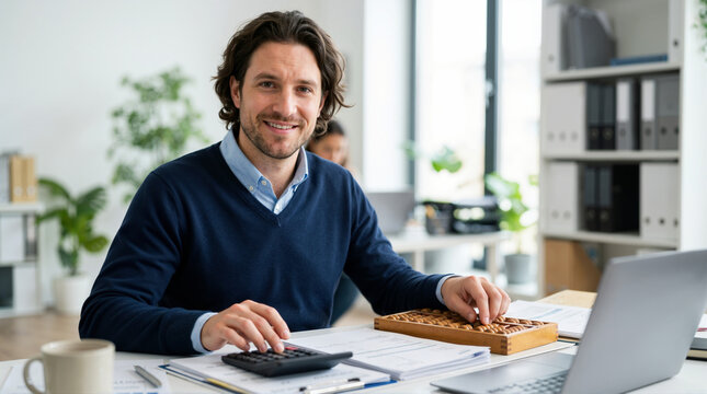 Smiling male accountant using abacus and calculator. Professional man working at office desk with laptop. Financial accounting concept