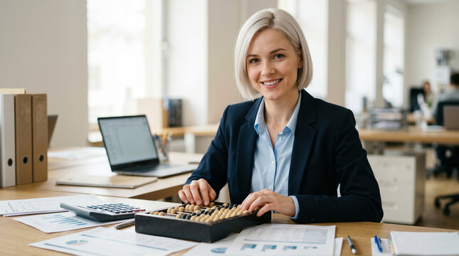 Smiling female accountant using abacus at office desk. Professional woman working with financial documents and laptop. Accounting concept