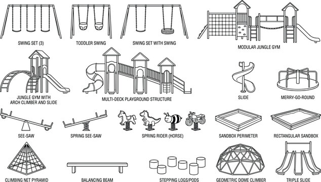 Architectural Set of Playground Equipment Icons Featuring Swings, Slides, Jungle Gyms, and Outdoor Play Structures