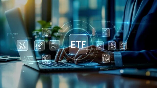 Businessman using laptop with glowing ETF investment interface surrounded by cloud, security, analytics and financial icons, diversified investing, portfolio growth and long-term wealth management