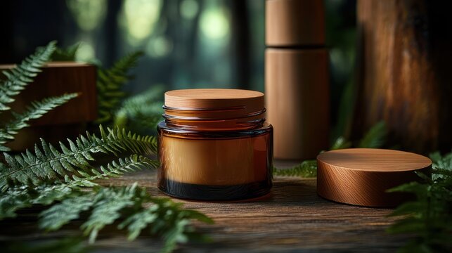open amber glass skincare jar with wooden lid beside it on a wooden table, fern fronds and blurred forest background evoking a calm natural spa mood