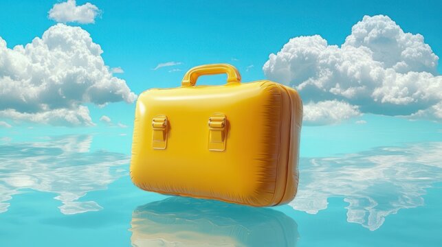 yellow inflatable briefcase floating above glassy water under bright blue sky with fluffy white clouds, whimsical serene dreamlike mood