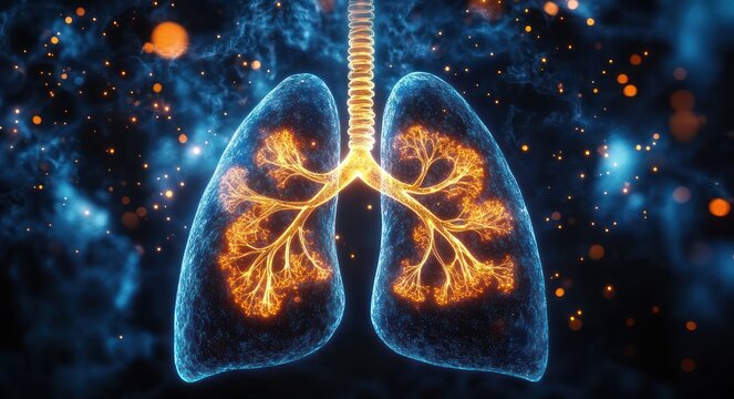 Glowing human lungs with illuminated orange bronchial tree and trachea against a blue nebula-like background, evoking vitality and dynamic energy