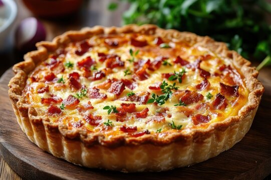 savory bacon and cheese quiche with golden flaky crust and fresh thyme garnish on wooden board, warm and inviting, with greens in background