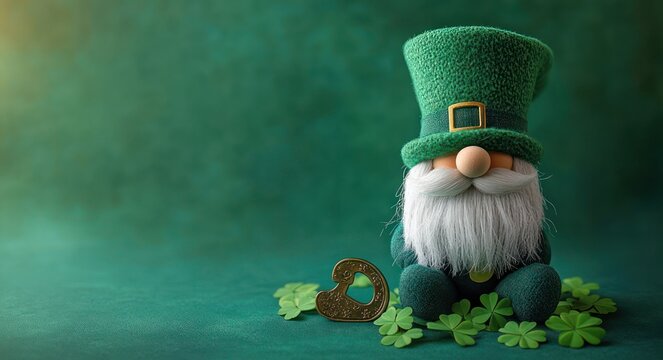 cute whimsical plush gnome with tall green hat, white beard, small round nose, surrounded by shamrocks and a golden horseshoe on a soft green background, cozy festive mood