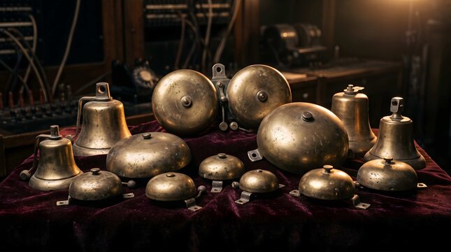 Collection of Vintage Brass Signal Bells on Purple Velvet Cloth