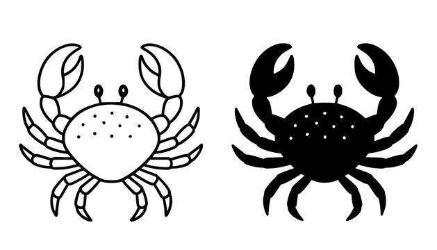 Minimalist crab icon in outline and silhouette design, transparent