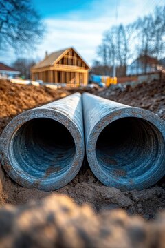 two large steel drainage pipes in a dirt trench leading toward a partially framed wooden house on a blue construction day, evoking industrious progress and anticipation