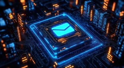 Obraz premium Glowing blue envelope icon embedded in a neon-lit microchip on a futuristic circuit board with vibrant orange and blue lights conveying high-energy digital communication