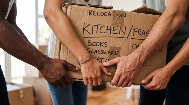 People carrying a moving box labeled kitchen and fragile items