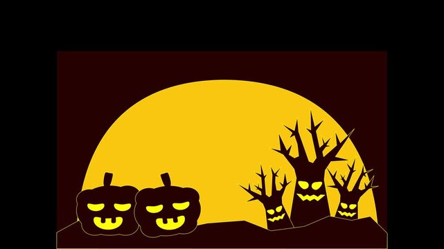 Halloween background animation with spooky pumpkins silhouettes and creepy alive trees under the full moon light, abstract flat vector video loop