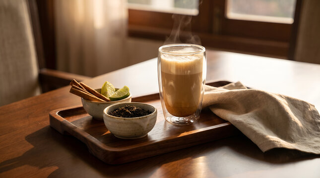 Elegant Teh Talua presentation for luxury hotel breakfast menus, hospitality branding, tourism promotion, and premium beverage advertising.