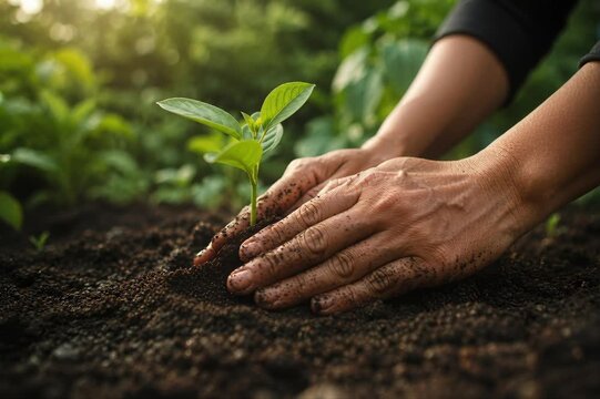 Cinematic view of hands covering seedling roots with wet garden soil, perfect for organic farming, reforestation and sustainable agriculture
