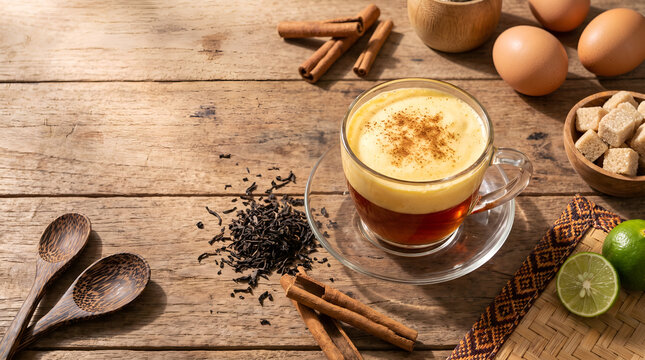 Authentic Teh Talua served with traditional ingredients in an overhead composition, ideal for caf&eacute; branding, tourism campaigns, hospitality marketing, and beverage advertising.