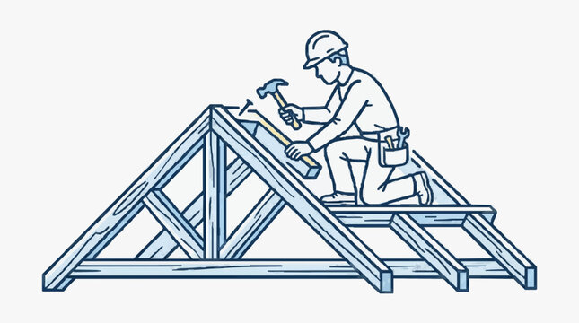 Construction Worker Assembling Roof Trusses.