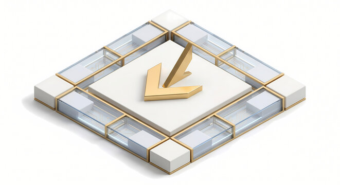 Authentication Trigger Chevron, 3D Isometric Identity Authorization Process Trigger Node with Gold Arrow.