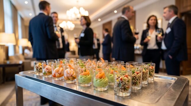 Gourmet appetizer glasses arranged on metallic serving tray at upscale corporate networking event with blurred business professionals socializing in background of modern hotel conference hall