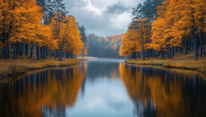 Obraz premium Tranquil autumn lake framed by orange-leaved trees with mirror reflections under a moody cloudy sky