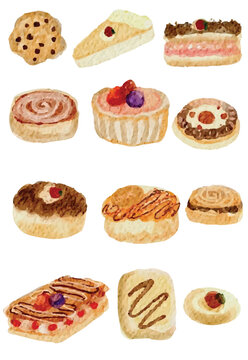 Hand-drawn illustration vactor waterolor collaction of cakes, tarts, and bread isolated on a white