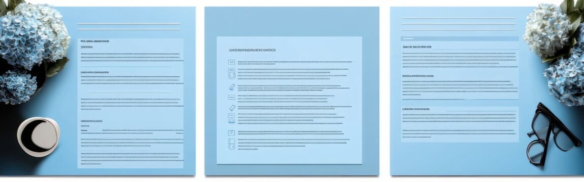 three light blue document templates arranged side-by-side on a desk with hydrangea flowers, a cup of coffee and eyeglasses in a calm minimalist professional flat lay