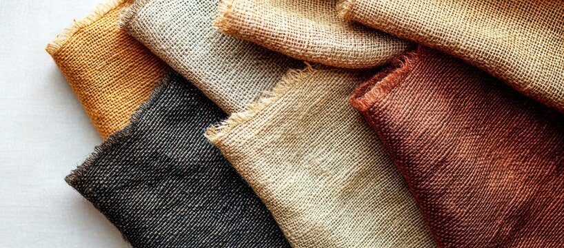 stack of folded textured woven fabric swatches in warm earthy tones with frayed edges evoking cozy rustic comfort