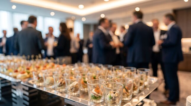 Elegant catering appetizers in small glass cups on silver tray at corporate conference networking event with blurred business professionals mingling in background