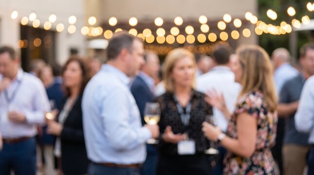 Professional business colleagues socializing with drinks at an outdoor evening corporate networking event illuminated by warm string lights with a soft blurred background