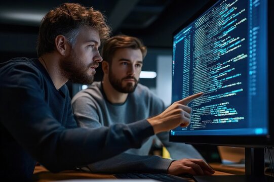 two focused software developers collaborating at a dim office workstation, one pointing at code on a glowing monitor showing lines of source code, concentrated teamwork