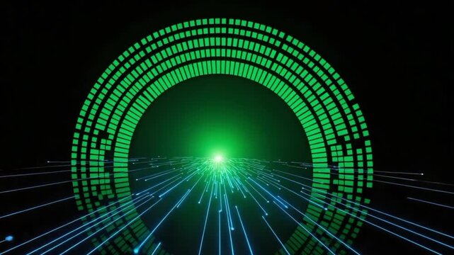 Digital green circular equalizer arch with moving light particles tunnel abstract music audio