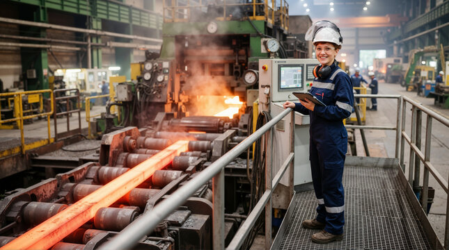 Smiling female worker with tablet monitoring steel bloom continuous casting in a factory. Professional woman in hard hat at heavy industry manufacturing plant