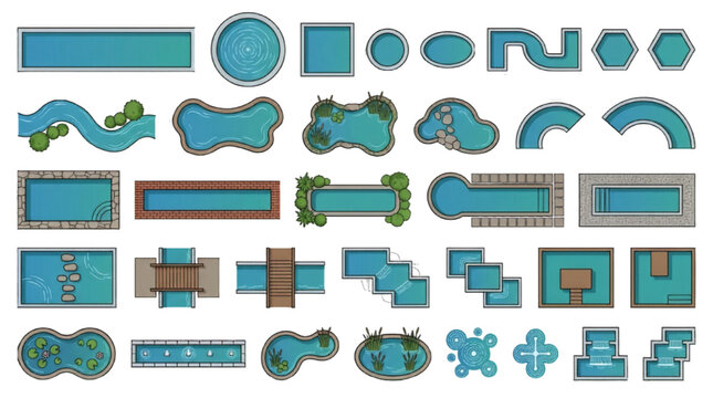 Swimming pool shapes landscape design elements top view water feature vector