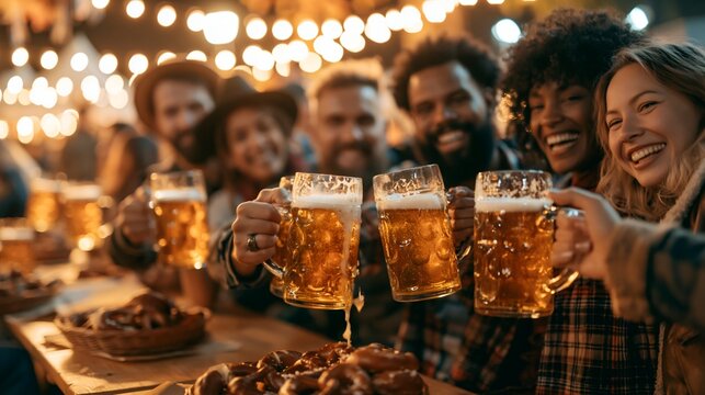 Group of friends clinking large beer mugs in a lively outdoor beer garden